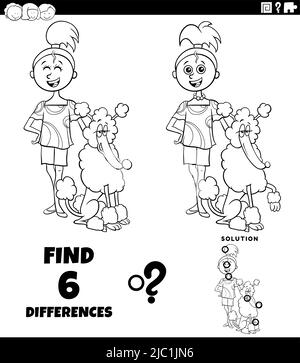 Black and white cartoon illustration of finding the differences between pictures educational game with teen girl and her poodle dog coloring book page Stock Vector