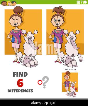 Cartoon illustration of finding the differences between pictures educational game with teen girl and her poodle dog Stock Vector