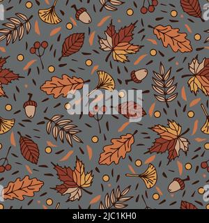 Seamless vector pattern with busy autumn leaves on grey background. Simple seasonal wallpaper design. Decorative forest fashion textile texture. Stock Vector