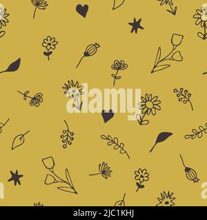 Seamless vector pattern with small flowers and leaves on yellow background. Simple floral wallpaper design with stars and love hearts. Stock Vector