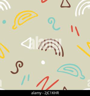 Seamless vector pattern with fun hand drawn doodles on beige background. Simple abstract shape wallpaper design. Stock Vector