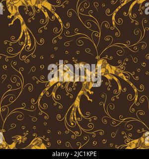 Seamless vector pattern with yellow phoenix on brown background. Mythical bird wallpaper design with curved lines. Exotic fashion fabric style. Stock Vector