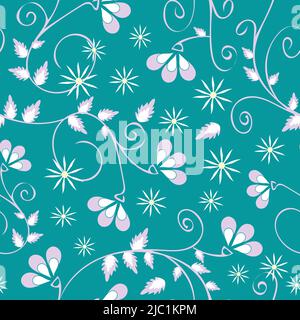 Seamless vector pattern with flowers on turquoise background. Floral wedding wallpaper design. Romantic fashion textile. Stock Vector
