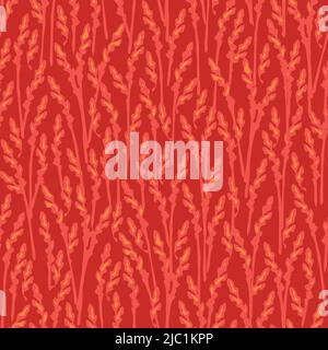 Seamless vector pattern with grass pattern on red background. Artistic rye meadow wallpaper design. Decorative fire fashion textile. Stock Vector