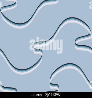Seamless vector pattern with wavy ribbon on blue background. Simple flowing rainbow wallpaper design. Decorative baby shower fashion textile. Stock Vector
