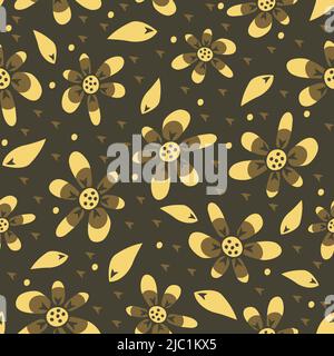 Seamless vector pattern with beautiful hand drawn flowers on brown background. Vintage floral textured wallpaper design. Stock Vector