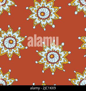 Seamless vector pattern with gypsy star flower on brown background. Decorative floral wallpaper design. Hand drawn hippe fashion textile. Stock Vector