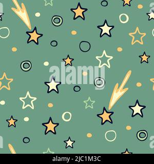 Seamless vector pattern with stars on teal blue background. Simple shooting star wallpaper design for children. Decorative baby fashion textile. Stock Vector