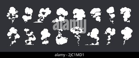 Comic dust effect. Cartoon smoke and steam trails sprite animation, cloud fume and puff motion game asset. Vector coffee vapor and explosion Stock Vector