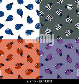 Set of seamless patterns with striped beetle. Beneficial insects and insect pests. Ornament for decoration and printing on fabric. Design element. Vec Stock Vector