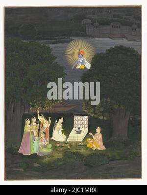 Against a background of darkness at night, a group of five ladies is paying homage to a Shivaian god, whose small temple is lit by oil lamps, to the right of the temple sits a hermit with a book on her lap and between the trees lit from below, left and right in the picture looms the radiantly lit vision of Krishna, the boat with which the ladies came is just visible under the tree on the left and in the background on the right you can see a palace. The representation is framed by a very thin rim of gold in red lines, on the back is a double frame of red and black lines filled with gold., Women Stock Photo