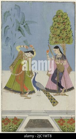 Two women are each standing under a tree. The judge tunes the tanpura under a fruit-bearing mango tree. The left one clings to the twig of a tree, looking at a peacock, Two women and a peacock, Gujara Ragini., draughtsman: anonymous, (attributed to), Shorapur, 1780 - 1799, paper, brush, h 183 mm × w 103 mm Stock Photo