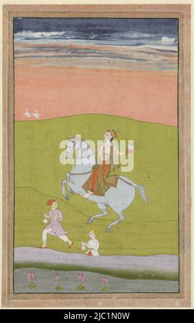 A young woman is riding a gray horse, on her left hand stretched out backwards is a falcon, in the foreground two young servants are running with bags in their hands. The representation is framed in a dark black line, surrounded by a light brown border with thin black lines and finally a pink border with a white line, Queen Shand Bibi on horseback., draughtsman: anonymous, Deccan, 1780, paper, brush, h 201 mm × w 130 mm, h 374 mm × w 275 mm Stock Photo