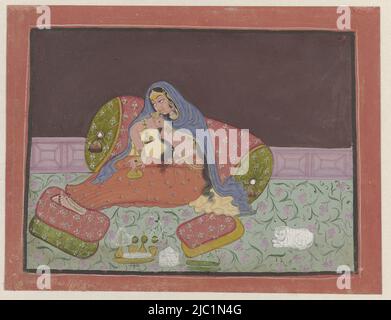 On a green terrace with pink flowers and a pink fence, a lady sits against a large roll pillow, sipping from a glass. On her lap an almost empty carafe, in front of her a leaf with some more bottles and bowls and on the right a white cat. Around the representation a thick black border and a wide orange-red decorative border with a white frame line, Seated lady., draughtsman: anonymous, Bundi, c. 1780, paper, brush, h 188 mm × w 244 mm, h 159 mm × w 210 mm Stock Photo