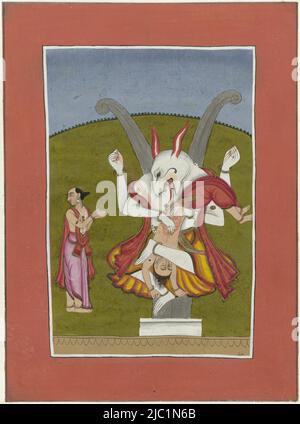 Vishnu in the guise of the man-lion (Narasimha) comes out of a pillar of the palace up and outside to defeat the demon Hiranyakashipu. To his right stands a young man, the prince Prahlada. The scene is framed by a narrow white piping, surrounded by a wide orange-red ornamental border with black framing lines, this sheet is pasted on a sheet of cardoon paper on which a black framing line is drawn in pencil, Narasimha (incarnation of Vishnu as a man-lion) Avatars of Vishnu (series title)., draughtsman: anonymous, Jaipur, 1825 - 1875, paper, brush, h 350 mm × w 246 mm, h 245 mm × w 181 mm, h 198 Stock Photo