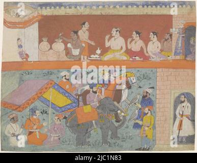 The representation is divided into two horizontal strips, separated by a wide orange band. At the top are four men, one of whom is dark colored, sitting in a tailor's seat. They eat the food offered to them by a man on the left in two large pots and is offered by a standing man, in a tower on the left a woman sits with a drum and three women's heads are visible at the top. The lower strip is higher and depicts a stage with men coming from the falcon hunt or still to go and three men under a tent canvas, servants on the right hold the falcons on their gloved hands and in the open door of a pink Stock Photo