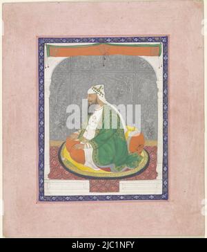 Portrait of Kapur Singh. The picture is framed by a narrow dark blue ornamental border with a motif of floral and foliage scrolls in gold and white, around it three red lines are drawn and the rest of the leaf is painted pink., Portrait of Kapur Singh, draughtsman: anonymous, Pahari, 1850, paper, brush, brush, h 144 mm × w 200 mm Stock Photo