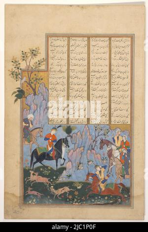 A group of horsemen in a gorge on deer hunting, at the top of the miniature are four vertical strips of text separated by gold colored vertical columns. The image runs to the left of the edge text still upwards, the tree on the rock spins above the edge over the leaf., Royal hunting party, draughtsman: anonymous, Iran, 1560 - 1570, tekst, :, brush, h 285 mm, w 186 mm × h 227 mm, h 352 mm × w 228 mm, h 143 mm × w 146 mm Stock Photo