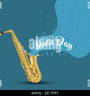 happy world music day and musical instrument saxophone with blue background. vector illustration design Stock Vector