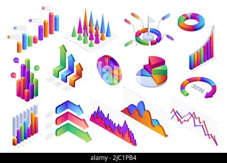 Isometric infographic. 3D diagrams, graphs, progress bars and charts, business and finance statistic and analytic. Vector presentation layout with Stock Vector
