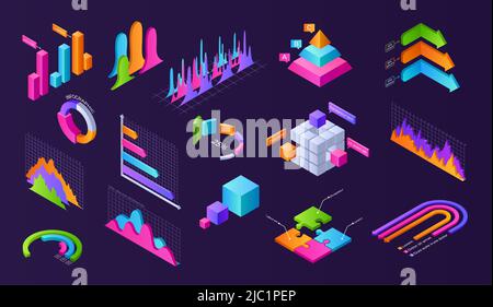 Dark isometric chart. 3d finance presentation layout with graphs charts diagrams and progress bars of volume figures. Vector business analytic graphic Stock Vector