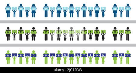 World Population Day Stick Figure holding letter cards. Horizontal typography Poster. Graphic resource for website header. July 11 celebration banner. Stock Vector