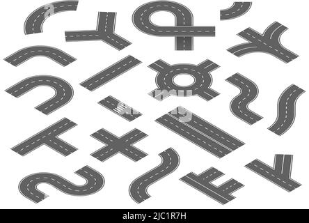 Isometric highway. 3D road parts and street blocks with road markings, straight corner curve junction and turn route elements. Vector isolated set Stock Vector