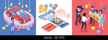 Isometric fortune lottery win design concept with square compositions of drawing balls prize tickets and people vector illustration Stock Vector