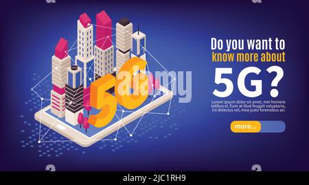 Isometric 5g internet horizontal banner with slider button text and tall buildings on top of smartphone vector illustration Stock Vector