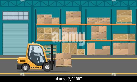 Warehouse interior with parcels on the rack and employee at work. Loading operations in the warehouse using the forklift vector illustration in flat s Stock Vector