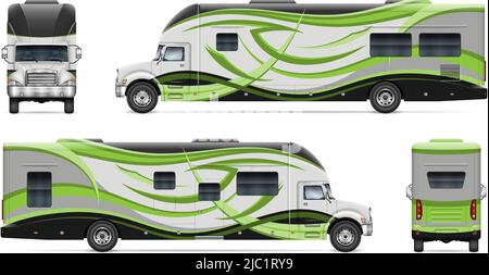 RV motorhome vector mockup on white for vehicle branding, corporate identity.  All elements in the groups on separate layers for easy editing Stock Vector