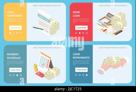 Bank loan applying online 4 isometric web pages with credit evaluation approval agreement payment schedule vector illustration Stock Vector