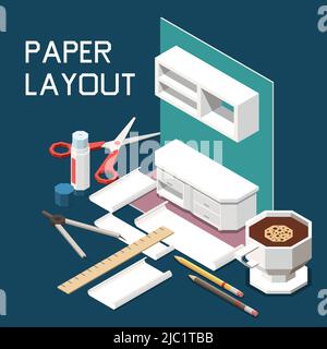 Carpentry furniture production isometric composition with kitchen cabinets design 3d paper layout scissors ruler coffee vector illustration Stock Vector