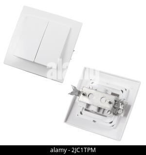 Built-in light switch with 2 keys isolated on a white background. Photograph of the switch front and back. Stock Photo