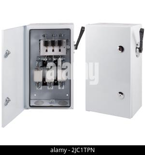 Electrical enclosure with a knife switch isolated on a white background. 2 angles with open and closed door. Stock Photo