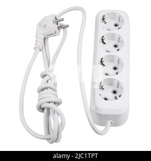 White electrical extension cord with red button to three sockets isolated on white background Stock Photo