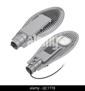 LED lamp for street lighting isolated on white background. Outdoor LED lighting for mounting on supports, masts, poles. Stock Photo
