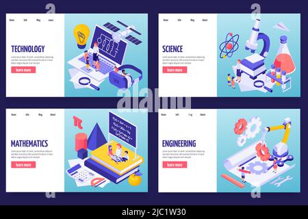 STEM education four horizontal banners with header words science technology engineering mathematics   isometric isolated vector illustration Stock Vector