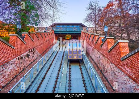 BUDAPEST, HUNGARY - FEBRUARY 23, 2022: Vintage cabin of Castle Hill Funicular runs to the upper station at Buda Castle, on February 23 in Budapest Stock Photo