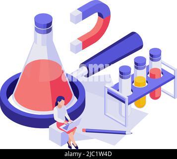 Isometric STEM education concept with girl and equipment for chemical experiment vector illustration Stock Vector