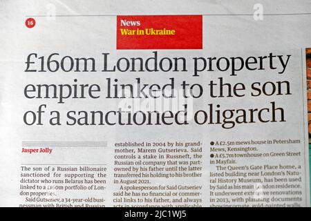 '£160m London property empire linked to the son of a sanctioned oligarch' Guardian newspaper headline oligarch properties in London UK  24 May 2022 Stock Photo