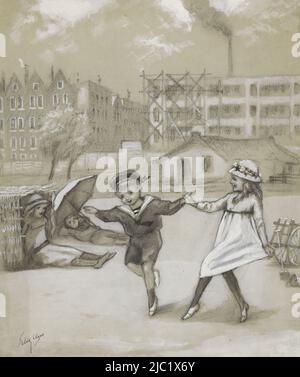 A boy and girl dancing hand in hand against a backdrop of terraced houses and a smoking factory chimney. They seem to be located in a fenced off city park or a playground with a farm and sand flat. A bucket and shovel lie on the ground. In the background a girl sits against a basket and a boy lies under an umbrella, Dancing boy and girl in a city park or playground., draughtsman: Felix Hess, (signed by artist), 1888 - 1943, cardboard, pen, brush, h 310 mm × w 245 mm Stock Photo