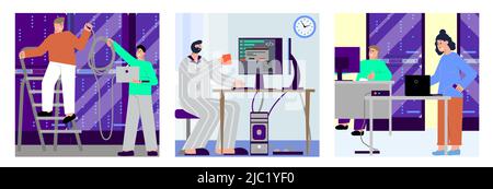 It specialist set of square compositions with flat characters of technical specialists near servers and workplaces vector illustration Stock Vector