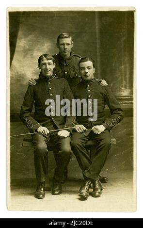 Original and clear WW1 era postcard of 3 young Royal Artillery Officers, comrades, the studio of F. G. Steggles, Dovercourt, near Harwich, Essex, U.K. 1914-1918
