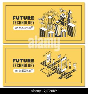 Set of two future technology horizontal banners with editable text and images of smartphones and barcodes vector illustration Stock Vector