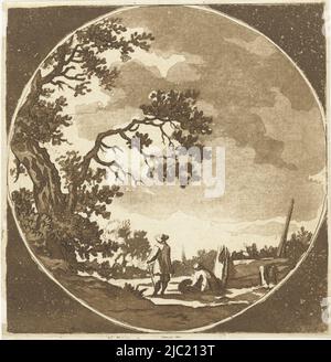 Two walkers look out over a meadow to a village in the distance. One is leaning on his stick, the other is sitting on the ground, Landscape with two walkers., print maker: Anthonie van den Bos, intermediary draughtsman: Aarnout ter Himpel, Netherlands, 1778 - 1838, paper, etching, h 130 mm × w 130 mm Stock Photo