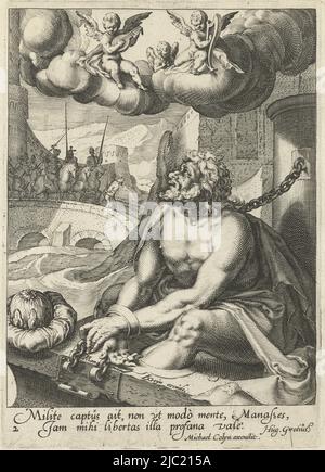 Manassee, chained to neck, hands and feet near a bridge. In front of him lies a crown - a reference to his kingship. In the background a scene from the life of Manasse: two men are carried away over a bridge by a troop of horsemen, handcuffed. Below the scene a two-line Latin text. This print is part of a series of eight penitent sinners, each print in this series consists of an image of a sinner, above him/her a number of (musical) angels in a wreath of clouds, in the background a scene from the life of the sinner concerned, below the performance two lines of text in Latin, Manasse as a Stock Photo