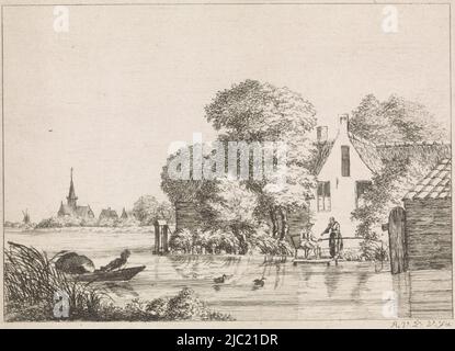 Right in front of a house, a man sits on a jetty angling while a woman stands by him. On the left in the distance a village church. On the water and man in a rowing boat in which is a wicker trap., Angler and a woman in front of a house, print maker: A. van de Velde, (mentioned on object), Netherlands, 1700 - 1800, paper, etching, h 98 mm × w 135 mm Stock Photo