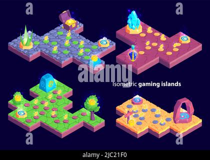 Isometric set of four isolated gaming levels with island shaped maps and plants with treasure goods vector illustration Stock Vector