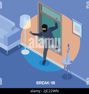 Robbery isometric composition with thief breaking into house through ...
